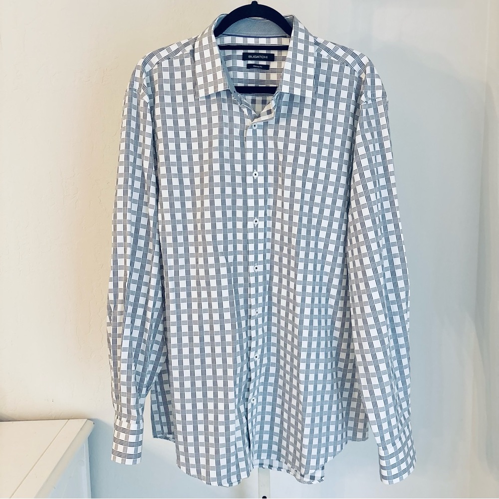 Bugatchi Classic Fit Men’s White & Black Windowpane Plaid Cotton Shirt, 2X